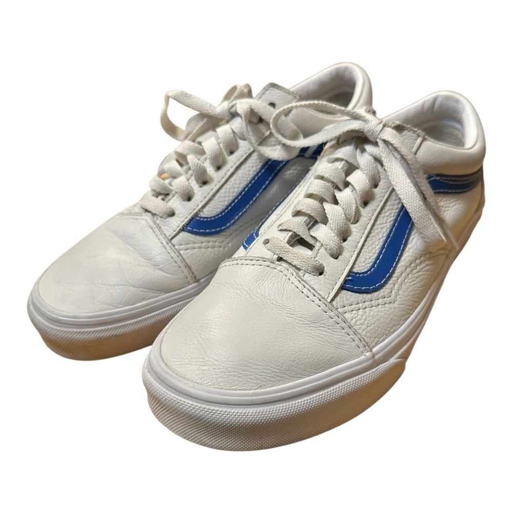 Vans Old Skool Leather White Blue Stripe Low Top Sneakers Womens 9 Mens 7.5 EU40
